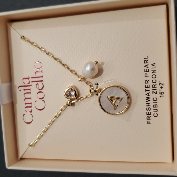 Camila Coelho gold plated freshwater pearl cubic zirconia 16" A initial necklace - Picture 4 of 5
